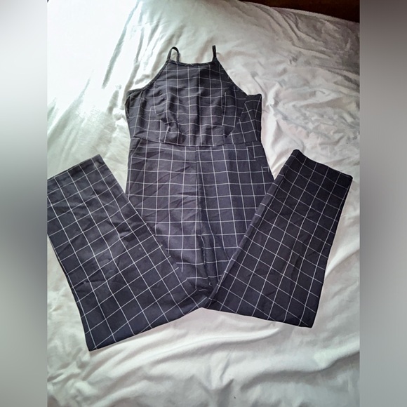 Pants - Women's Black and White Box Striped Jumpsuit